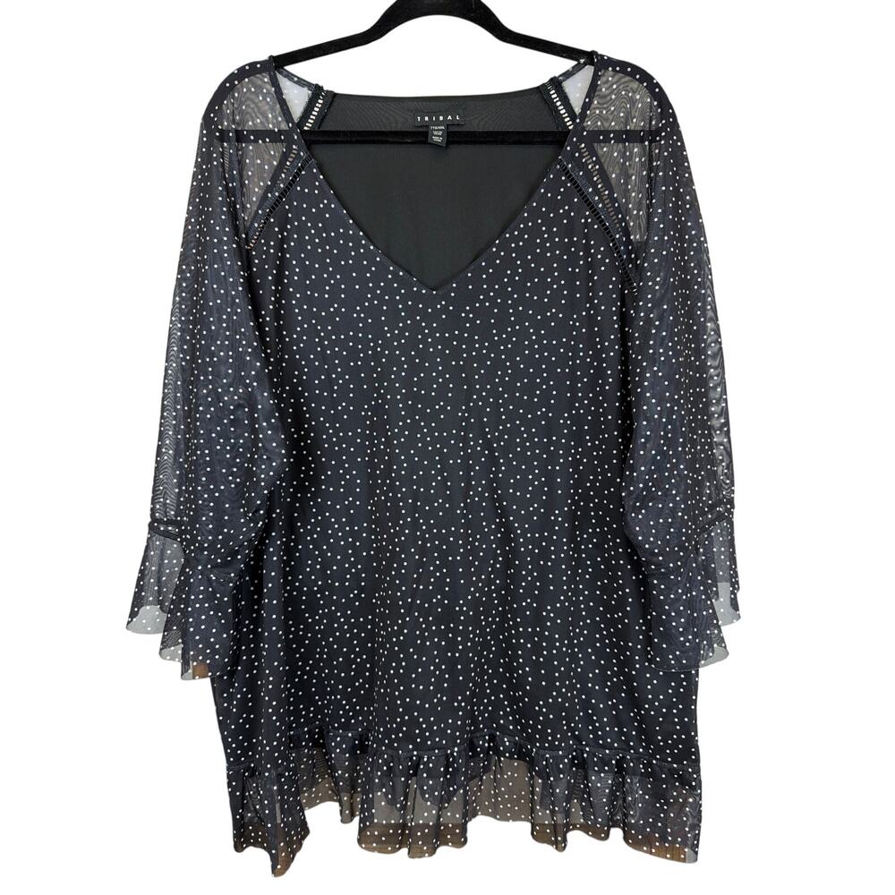 Tribal Black And White Polka Dot Ruffled Mesh Lined Top XXL